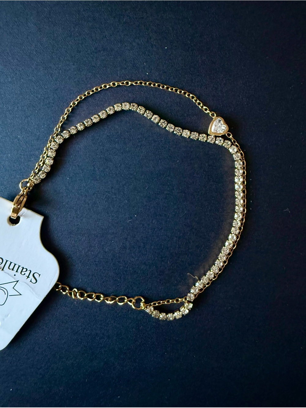 Dainty Gold Tone Tennis & Heart CZ Double-Layer Bracelet